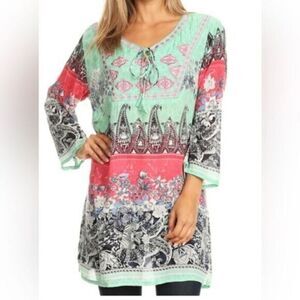 NWT Sakkas Women’s Catrina Boho Mint Green Pink Floral Tunic Blouse - Size Small